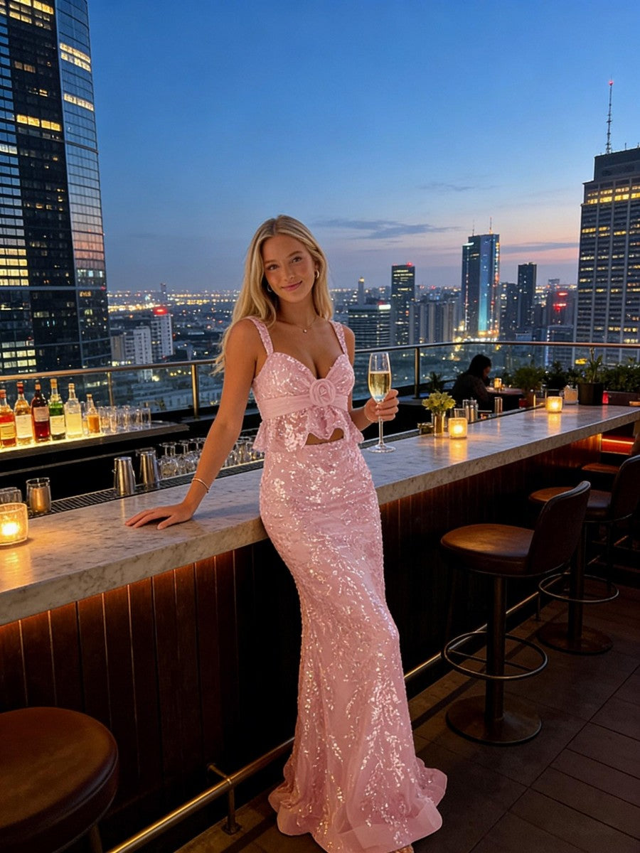 Two-Piece Sequin V-Neck Mermaid Floor-Length Prom Dresses with Flower