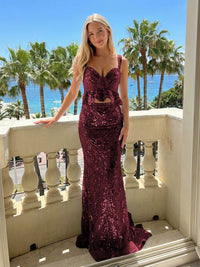 Two-Piece Sequin V-Neck Mermaid Floor-Length Prom Dresses with Flower