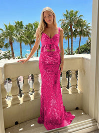 Two-Piece Sequin V-Neck Mermaid Floor-Length Prom Dresses with Flower