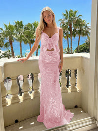 Two-Piece Sequin V-Neck Mermaid Floor-Length Prom Dresses with Flower