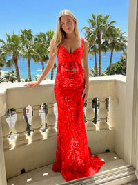 Two-Piece Sequin V-Neck Mermaid Floor-Length Prom Dresses with Flower