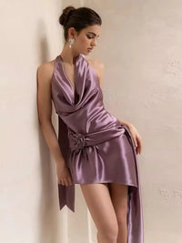 Halter Sheath Satin Ruched Short Prom Dresses with Flower