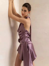 Halter Sheath Satin Ruched Short Prom Dresses with Flower