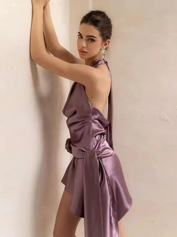 Halter Sheath Satin Ruched Short Prom Dresses with Flower