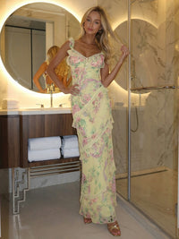 Mermaid Ruffle Strap V-Neck Floor-Length Prom Dresses with Floral Chiffon