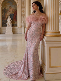 Mermaid Off-Shoulder V-Neck Evening Dresses with Lace Applique & Feather Ball Gown