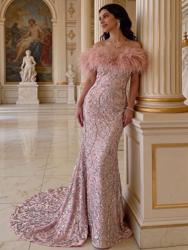Mermaid Off-Shoulder V-Neck Evening Dresses with Lace Applique & Feather Ball Gown