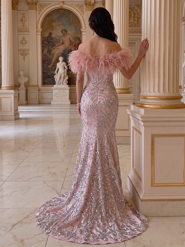 Mermaid Off-Shoulder V-Neck Evening Dresses with Lace Applique & Feather Ball Gown