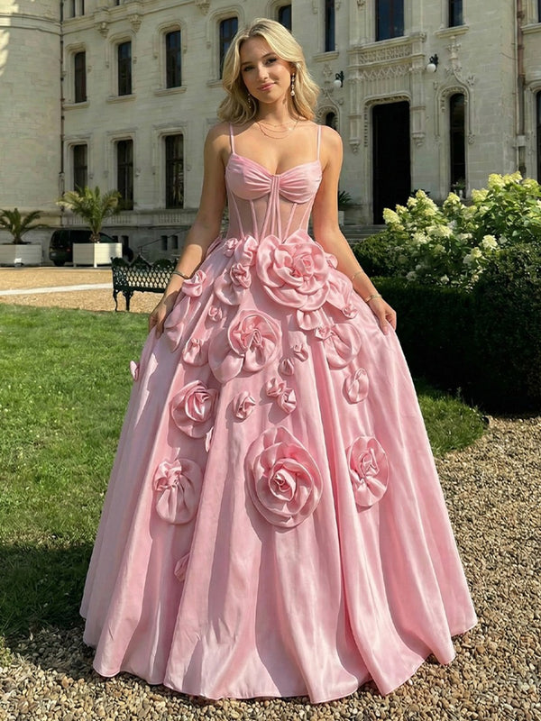 3D Flower Spaghetti Strap Satin A-Line Floor-Length Prom Dress Ball Gown