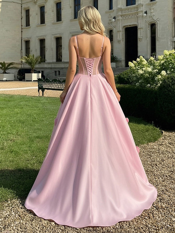 3D Flower Spaghetti Strap Satin A-Line Floor-Length Prom Dress Ball Gown