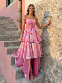 Silky A-Line Strapless Tiered Ball Gown Floor-Length Prom Dress with Bow