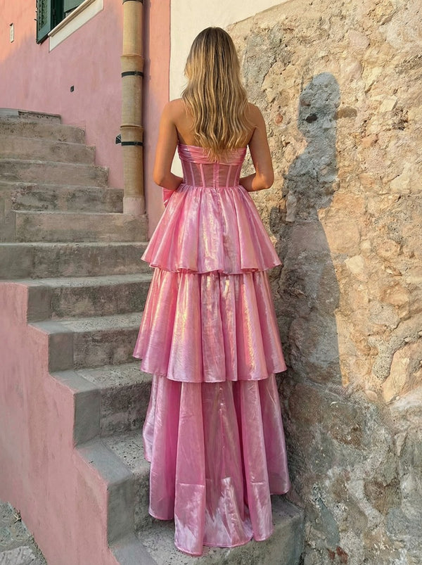 Silky A-Line Strapless Tiered Ball Gown Floor-Length Prom Dress with Bow