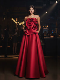 Spaghetti Strap Satin A-Line Floor-Length Ball Gown 3D Flower Evening Dress
