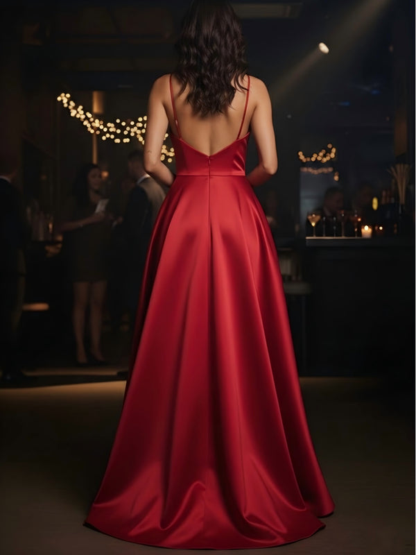 Spaghetti Strap Satin A-Line Floor-Length Ball Gown 3D Flower Evening Dress
