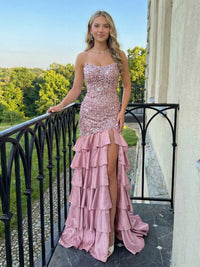 Bodycon Strapless Tiered Ruffled Satin Long Prom Dresses with Sequin