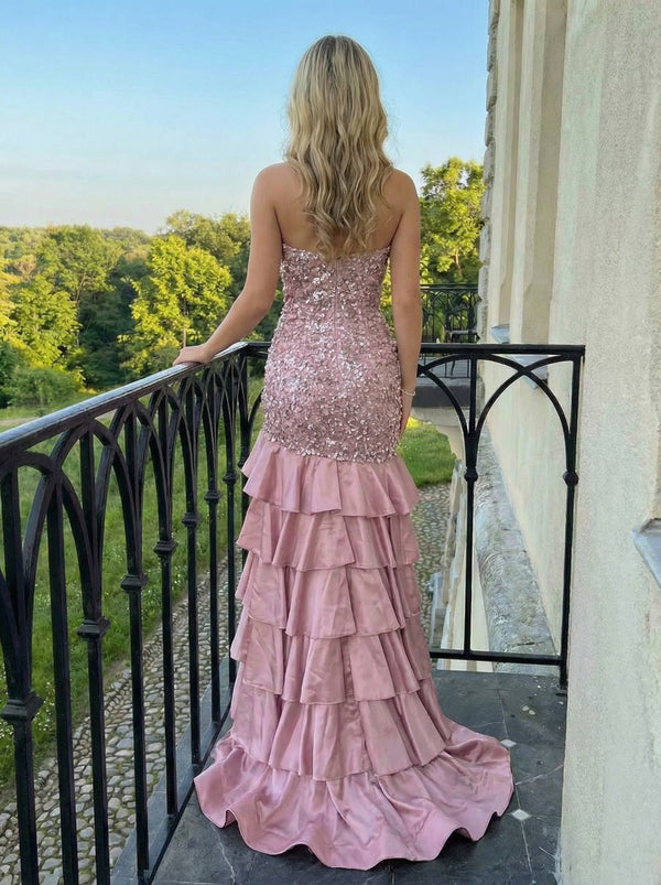 Bodycon Strapless Tiered Ruffled Satin Long Prom Dresses with Sequin