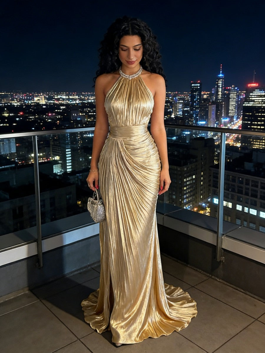 Pleated Satin Cross Halter Sheath Floor-Length Prom Dresses