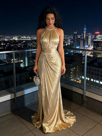 Pleated Satin Cross Halter Sheath Floor-Length Prom Dresses