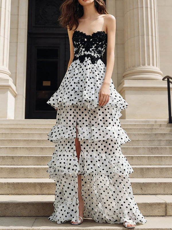 A-Line Strapless Polka Dot Tiered Long Prom Dress with Lace Applique
