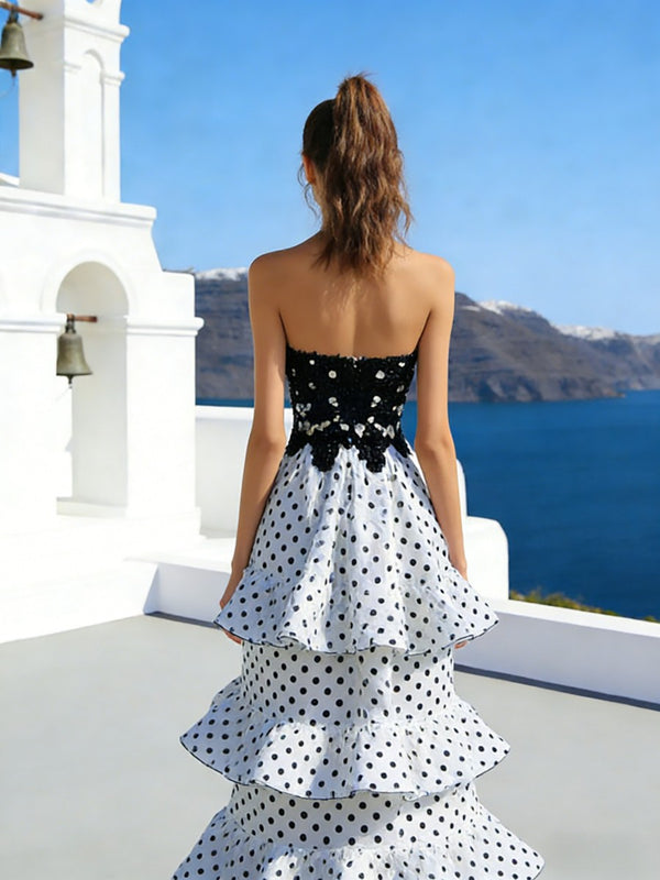 A-Line Strapless Polka Dot Tiered Long Prom Dress with Lace Applique