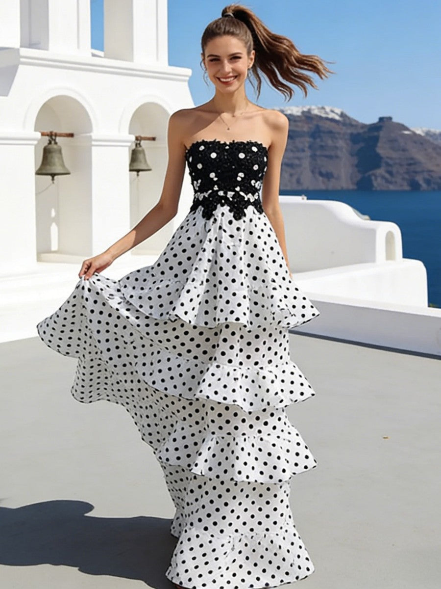 Tiered Strapless Polka Dot Long Prom Dress with Lace Applique