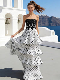 Tiered Strapless Polka Dot Long Prom Dress with Lace Applique