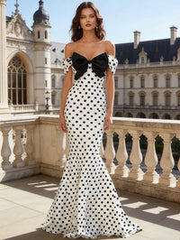 Mixed Off-Shoulder Mermaid Polka Dot Maxi Prom Dress with Bow