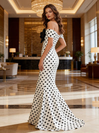 Mixed Off-Shoulder Mermaid Polka Dot Maxi Prom Dress with Bow