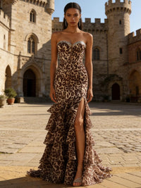 Vintage Leopard Sweetheart Drop Waist Tiered Ruffle Long Prom Dresses with Train