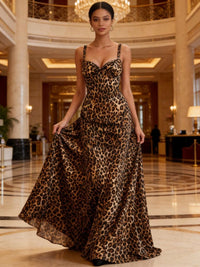 Leopard Print A-Line Spaghetti Strap Sweetheart Long Prom Dresses