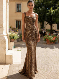 Mermaid Spaghetti Strap Sweetheart Corset Long Prom Dresses with Leopard Print