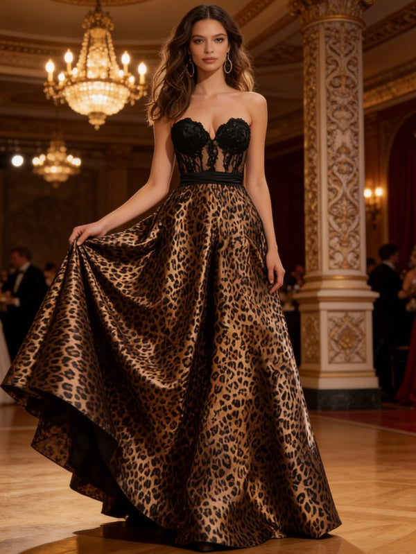 Leopard Print & Lace A-Line Tube Sweetheart Corset Long Prom Dresses Satin Ball Gown