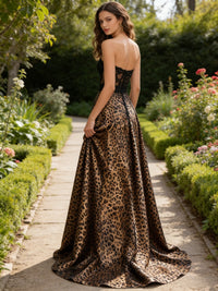Leopard Print & Lace A-Line Tube Sweetheart Corset Long Prom Dresses Satin Ball Gown