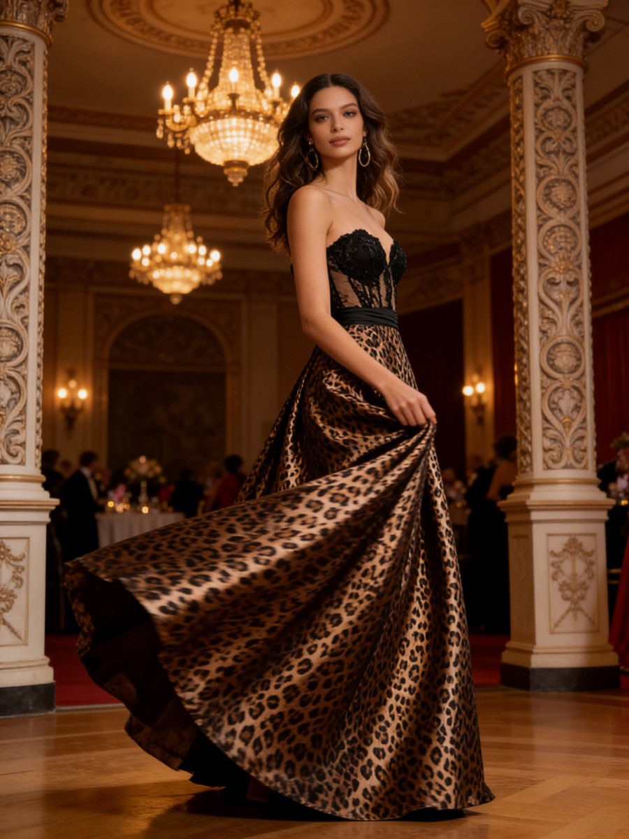 Leopard Print & Lace A-Line Tube Sweetheart Corset Long Prom Dresses Satin Ball Gown