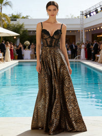 Leopard Print & Lace A-Line Spaghetti Strap Sweetheart Corset Long Prom Dresses
