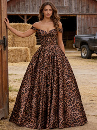 Leopard Print & Lace A-Line Off-Shoulder Sweetheart Long Prom Dresses Satin Ball Gown