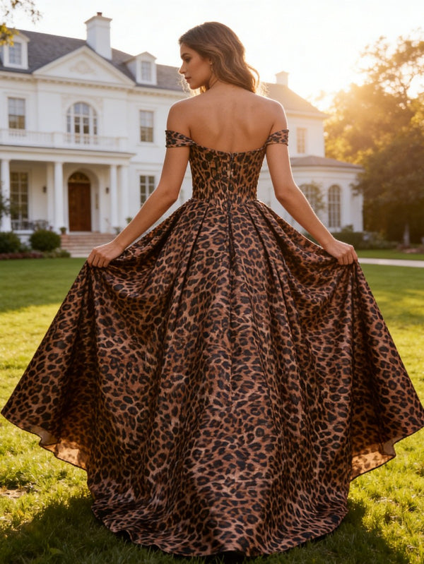 Leopard Print & Lace A-Line Off-Shoulder Sweetheart Long Prom Dresses Satin Ball Gown