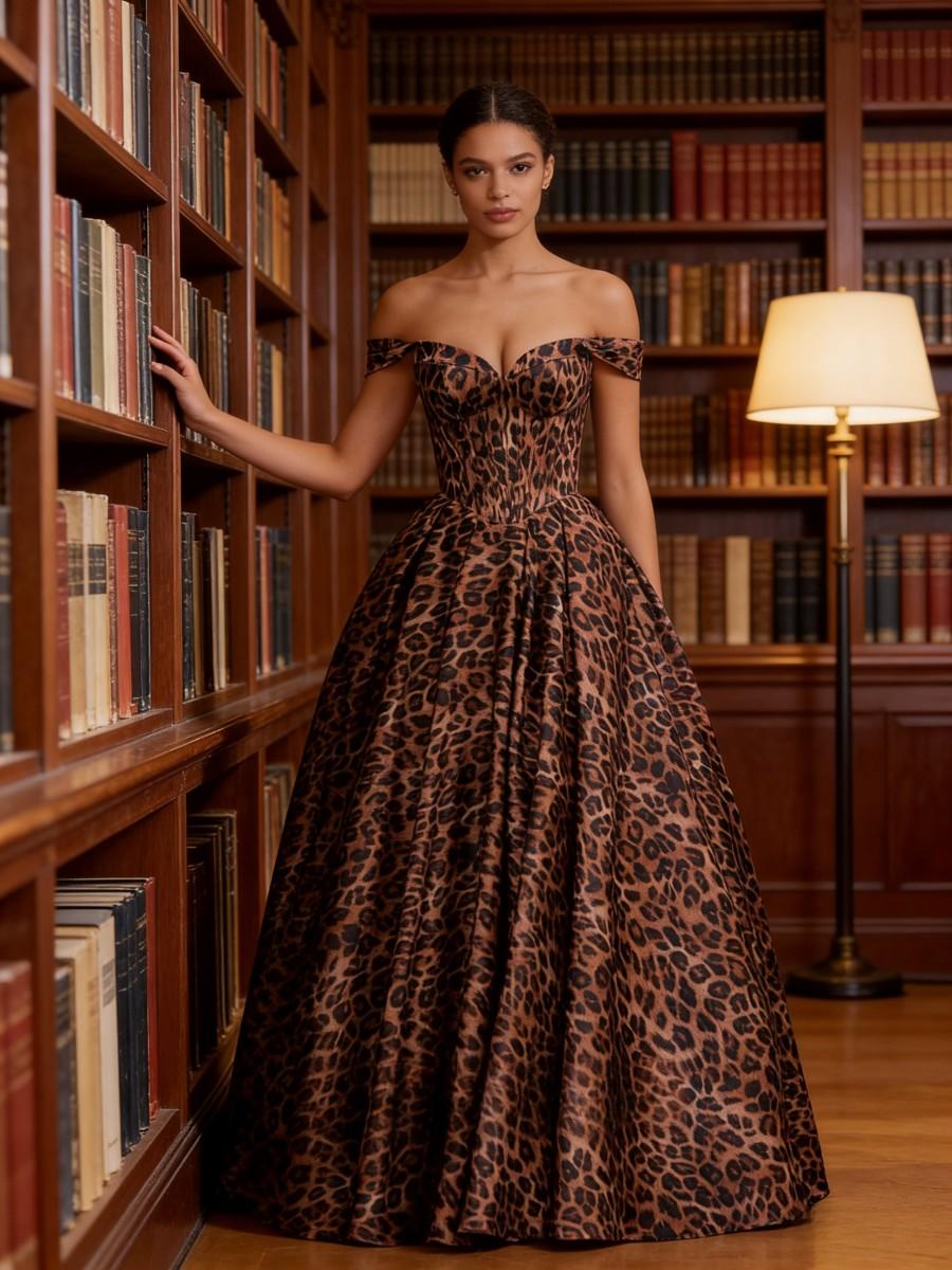 Leopard Print & Lace A-Line Off-Shoulder Sweetheart Long Prom Dresses Satin Ball Gown