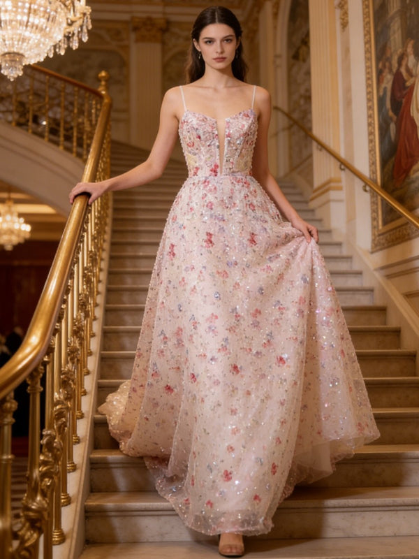 Floral A-Line/Princess Spaghetti Strap Maxi Prom Dress with Train Sparkly Ball Gown