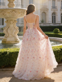 Floral A-Line/Princess Spaghetti Strap Maxi Prom Dress with Train Sparkly Ball Gown
