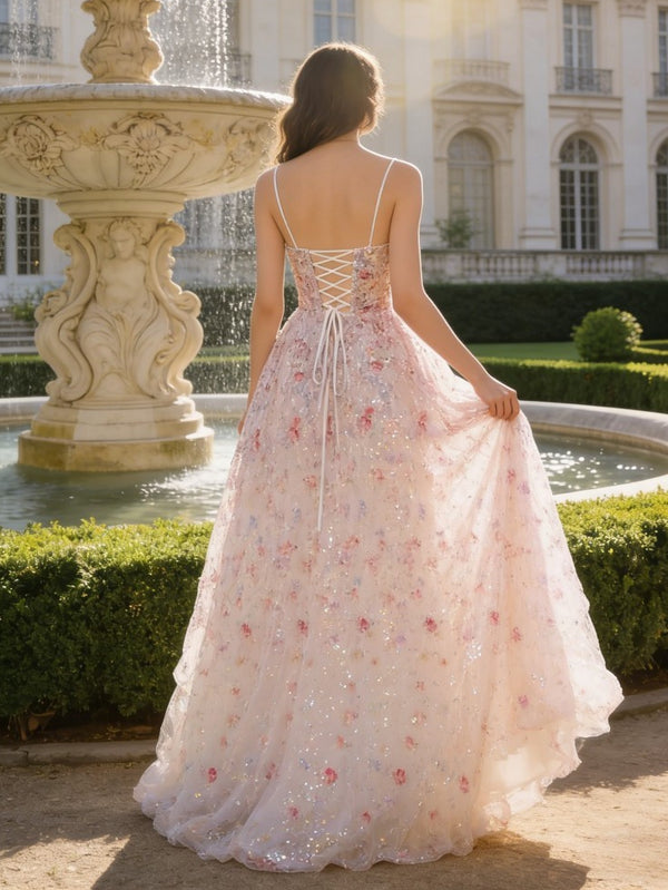 Floral A-Line/Princess Spaghetti Strap Maxi Prom Dress with Train Sparkly Ball Gown