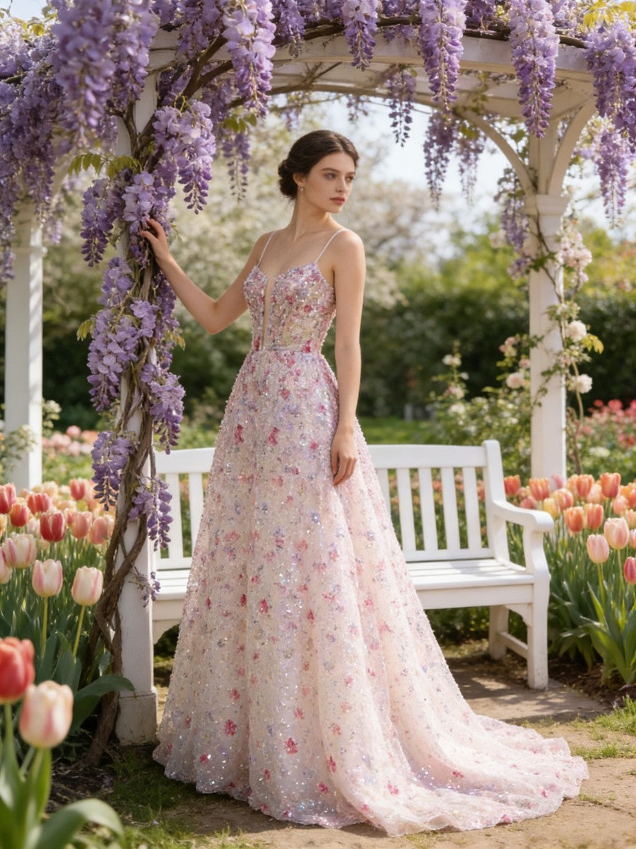 Floral A-Line/Princess Spaghetti Strap Maxi Prom Dress with Train Sparkly Ball Gown