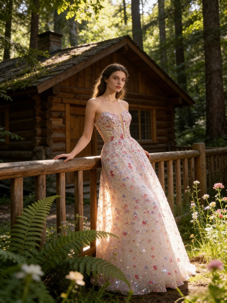 Floral A-Line/Princess Spaghetti Strap Maxi Prom Dress with Train Sparkly Ball Gown