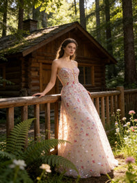 Floral A-Line/Princess Spaghetti Strap Maxi Prom Dress with Train Sparkly Ball Gown