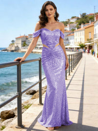 Sequin Mermaid Off Shoulder Sweetheart Maxi Prom Gown with Ruched Waist