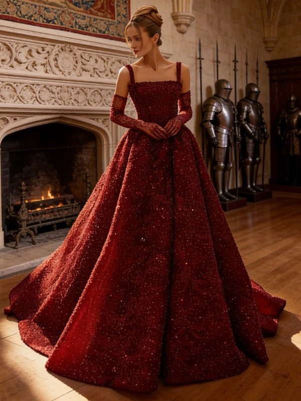 A-Line/Princess Spaghetti Strap Sequin Maxi Evening Dress with Train Sparkly Ball Gown