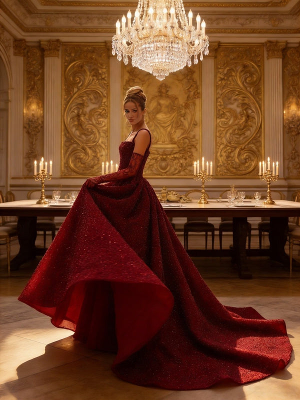 A-Line/Princess Spaghetti Strap Sequin Maxi Evening Dress with Train Sparkly Ball Gown