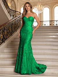 Tulle Sequin Strapless Sweetheart Prom Dresses Mermaid Maxi Evening Party Gowns with Lace Appliques