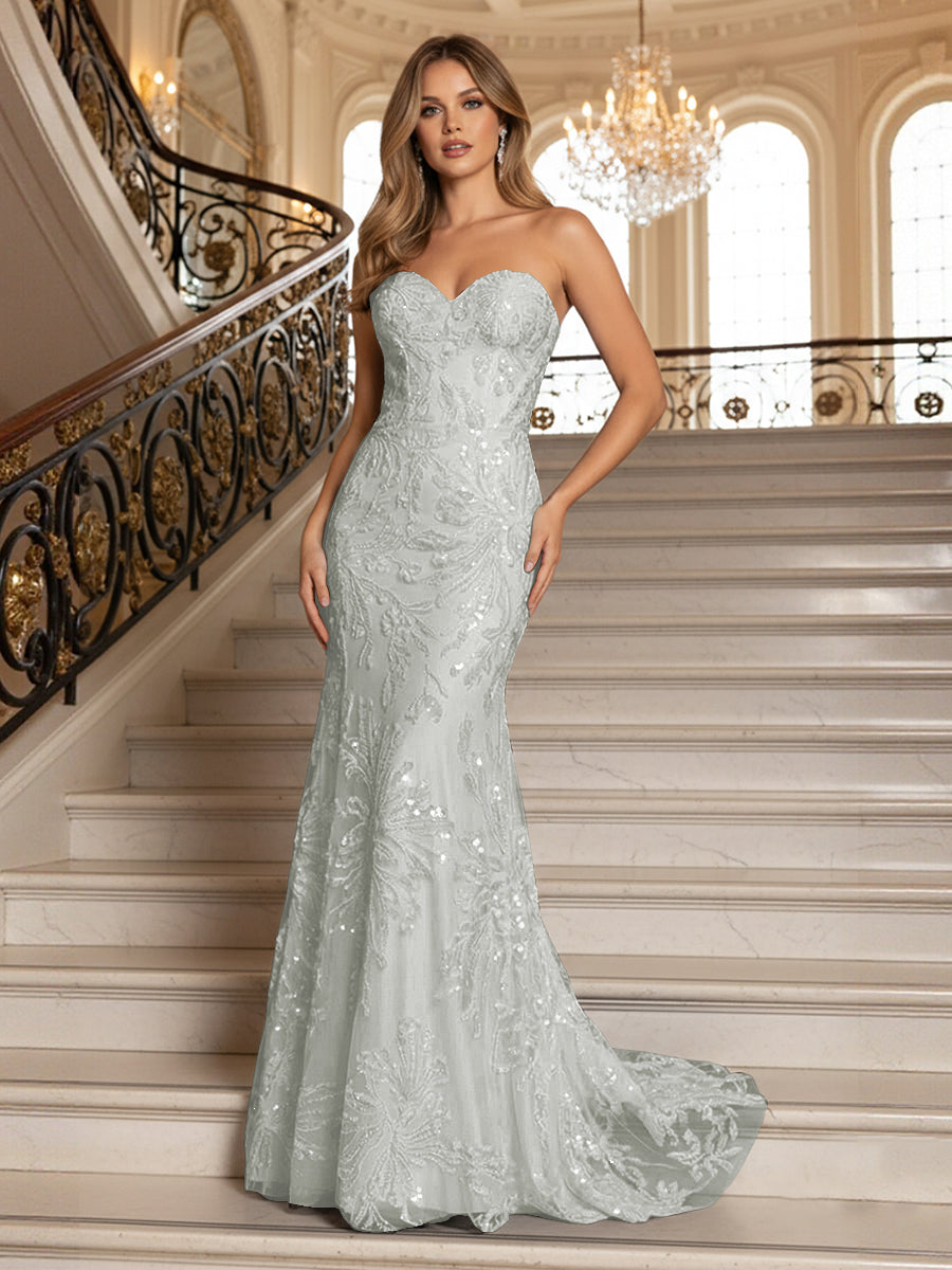 Tulle Sequin Strapless Sweetheart Prom Dresses Mermaid Maxi Evening Party Gowns with Lace Appliques