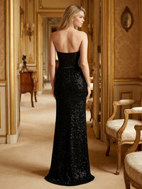 Sequin Satin Strapless Prom Dresses Mermaid Maxi Evening Party Gowns